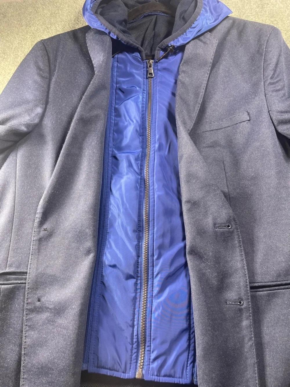 Classic Navy Sport Coat with Detachable Blue Zip-In‎ Hood